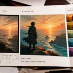 Designer lavora a un progetto creativo digitale con fotografie e materiali grafici.