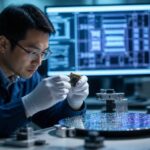 Ingegnere elettronico esamina un microchip in un laboratorio con schermi che mostrano schemi di circuiti integrati.