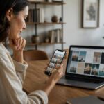 Donna consulta sullo smartphone un archivio di fotografie personali accanto a un computer in un ambiente domestico moderno.