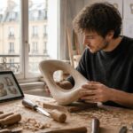Un giovane designer lavora un elemento in legno consultando un progetto digitale in laboratorio.