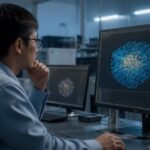 Ricercatore davanti a una simulazione tridimensionale visualizzata su un monitor