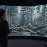 Sviluppatore che osserva un paesaggio virtuale interattivo su uno schermo panoramico