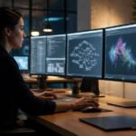 Professionista che coordina applicazioni digitali attraverso una postazione informatica