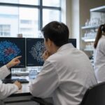 Ricercatori universitari esaminano dati scientifici e campioni in un laboratorio