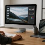 Computer portatile e desktop su una scrivania utilizzata per attività creative digitali.