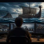 Professionista della produzione audiovisiva osserva su grandi schermi una ricostruzione digitale di un viaggio epico nella Grecia antica.