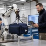 Un braccio robotico movimenta una borsa di strumenti medici sotto la supervisione di tecnici.