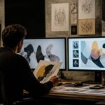 Un direttore creativo confronta opere visive e sperimentazioni digitali all'interno di uno studio.
